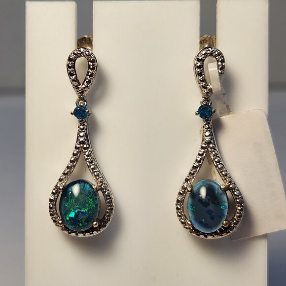 NWT 925 Natural Blue Ridge Opal Triplet & Apatite Art Deco Style Stud Earrings - Picture 11 of 14